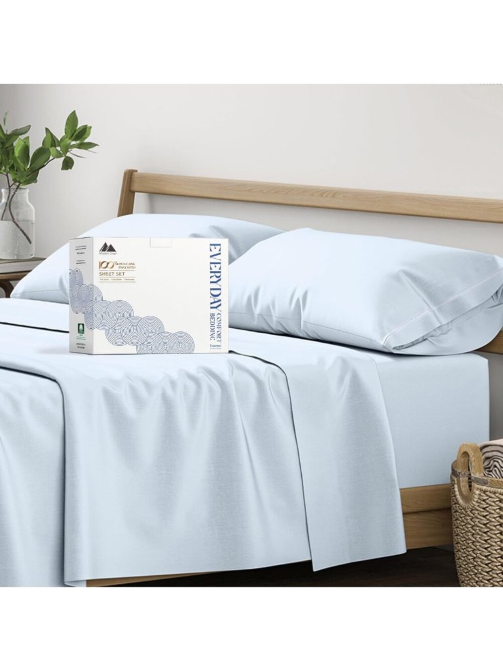Organic Cotton Full Size Sheets Set - 16" Deep Pocket, Soft Light Blue Bedding